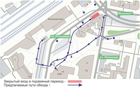Временно закрыт один из входов в подземный пешеходный переход на пл.Революции
